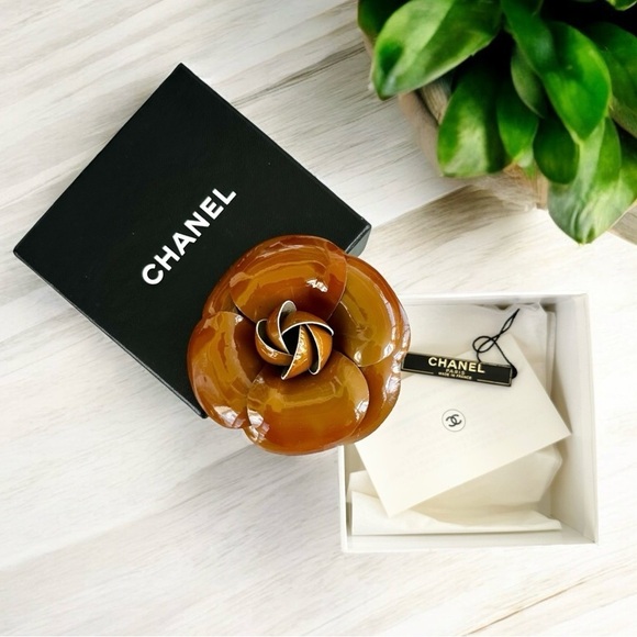 Authentic CHANEL Brown Bronze Camellia Flower Brooch Pin with Box & Tags/Card - Picture 1 of 16